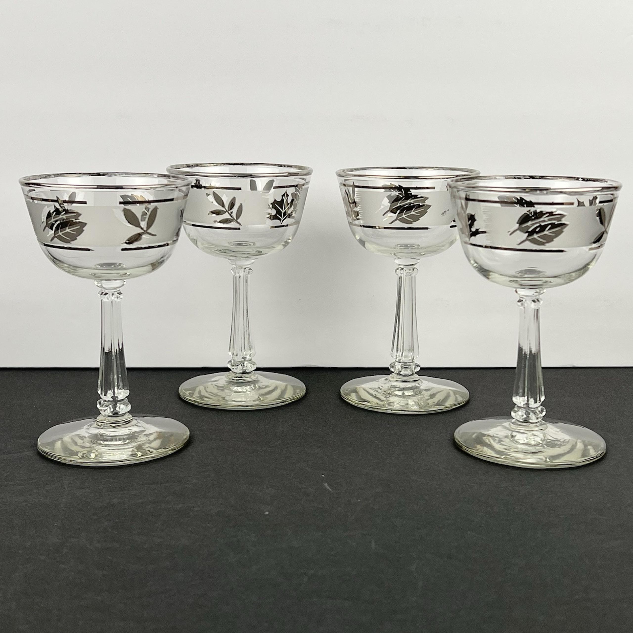 Libbey 1960’s Frosted Stemmed Silver Foliage Champagne Glasses Set of 4