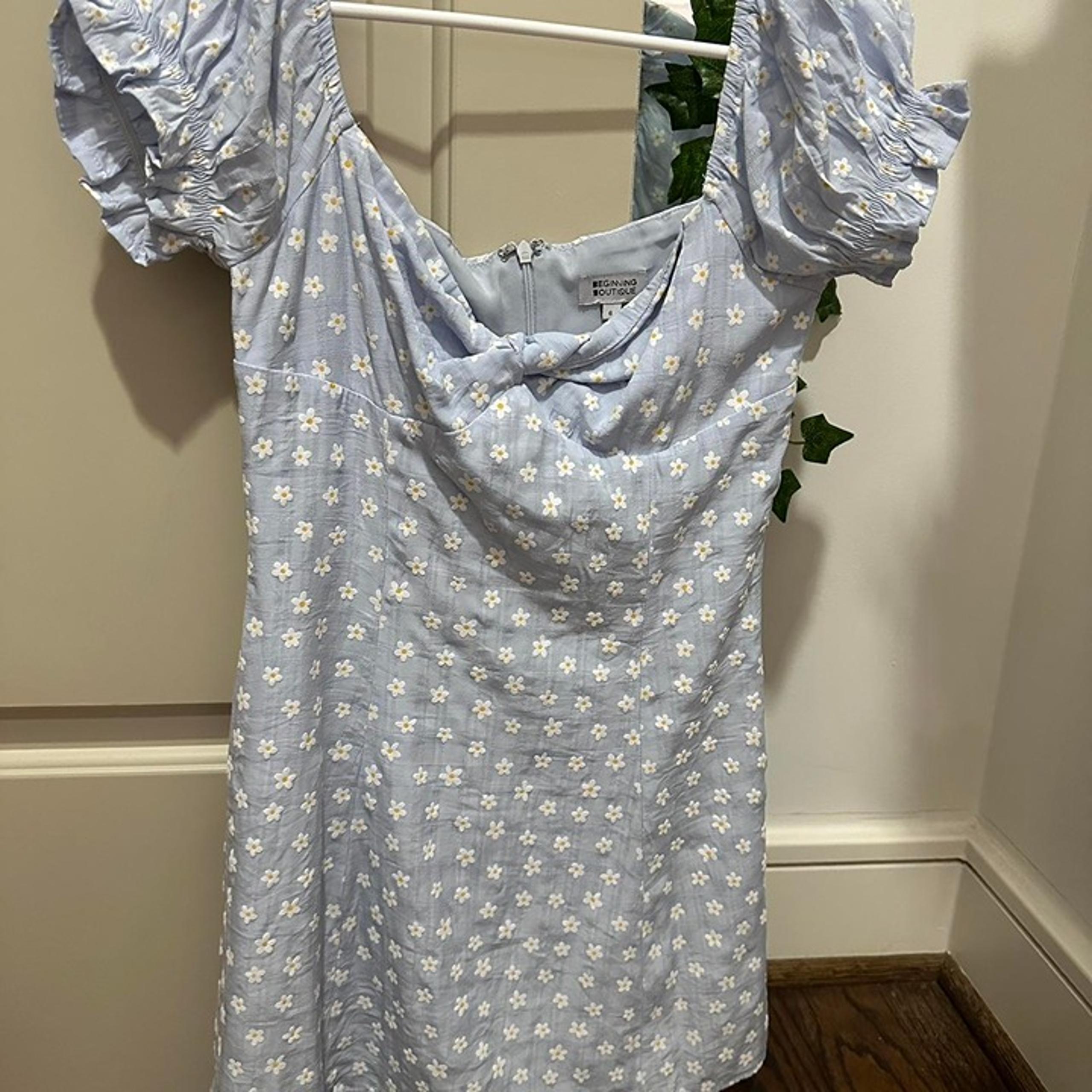 Beginning Boutique Ditsy White Daisy Mini Dress Light Blue Dress