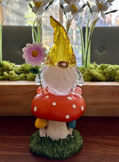 Garden Gnome Statue with Solar LED Lights - Golden Hat, Flower
