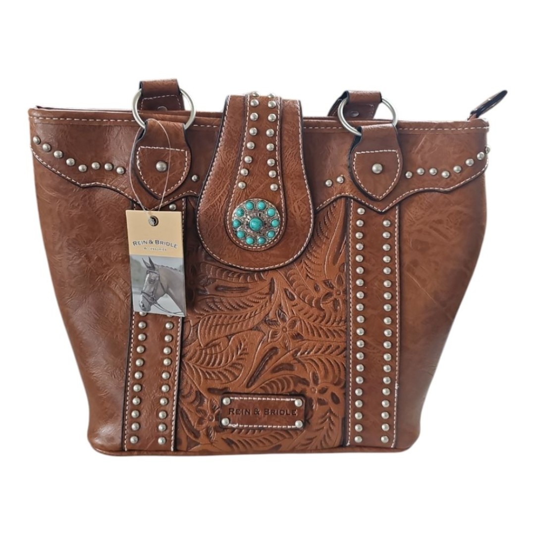 Rein & Bridle Brown Faux Leather & Gemstone Embossed Studded Shoulder Bag NWT
