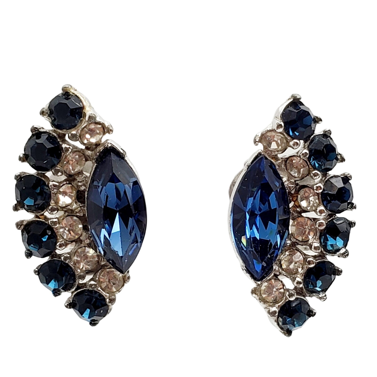 Bogoff Rhinestone Clip Earrings Blue Clear Silver Tone Cluster Vintage 1950s
