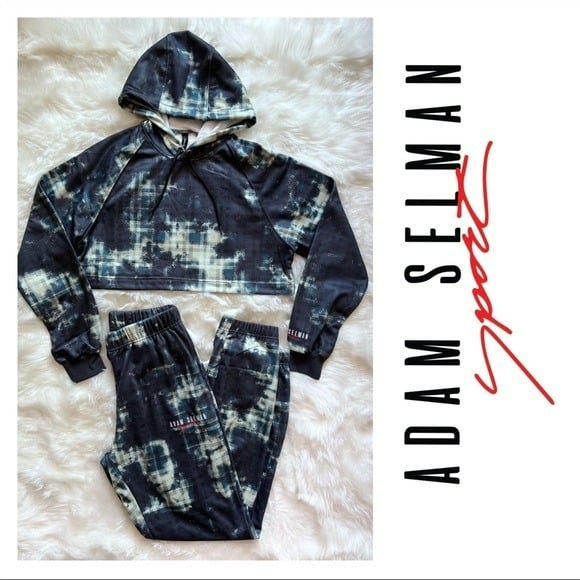 New! ADAM SELMAN Bleach Plaid Cropped Hoodie & Sweatpants Set
