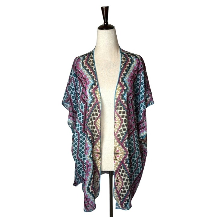 Becca Cover Up Women XS Blue Purple Geometric Print Sheer Open Swim Beach