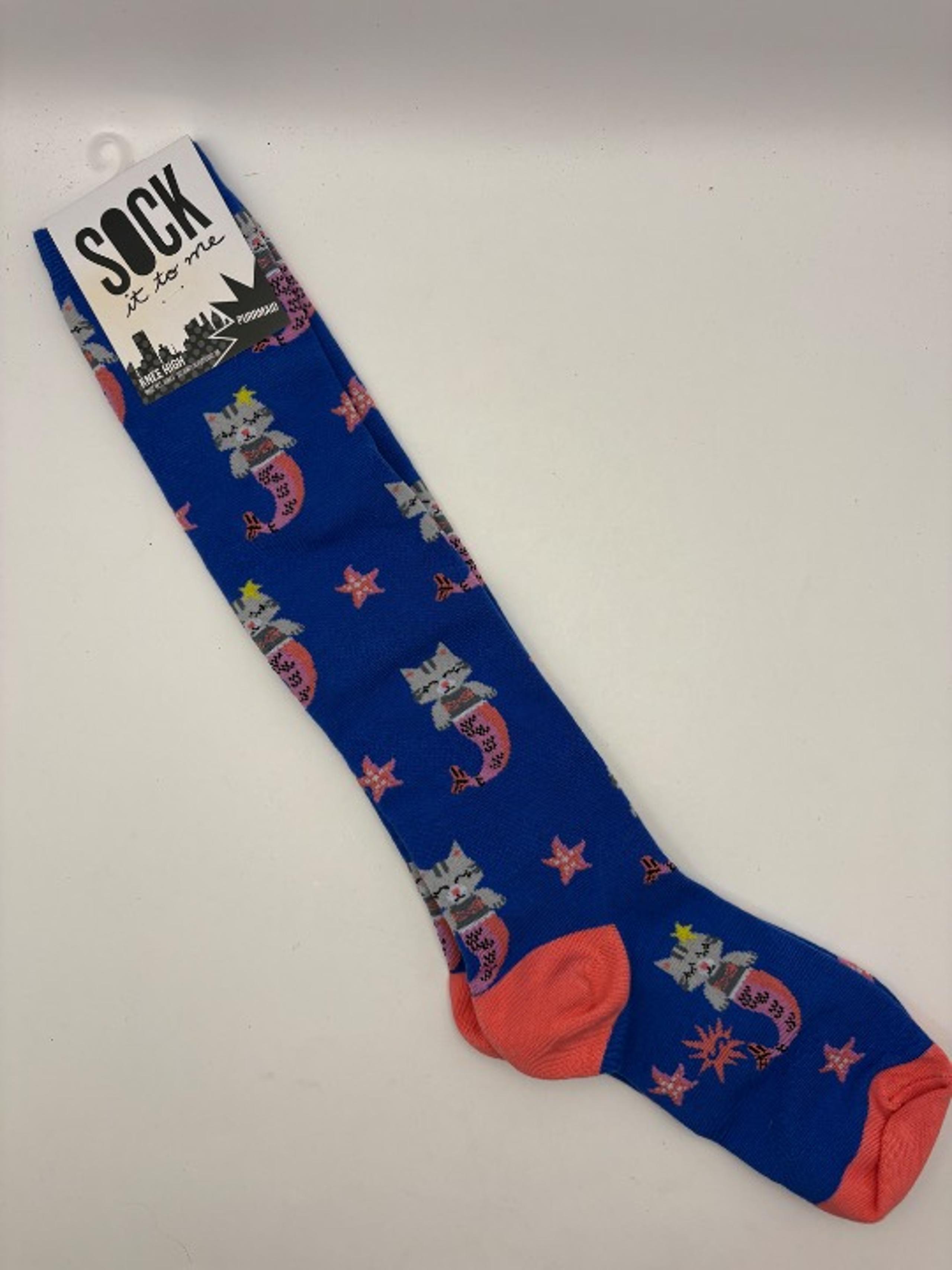 New With Tag Sock It To Me Mermaid Catl Blue Cat Themed Knee High Socks