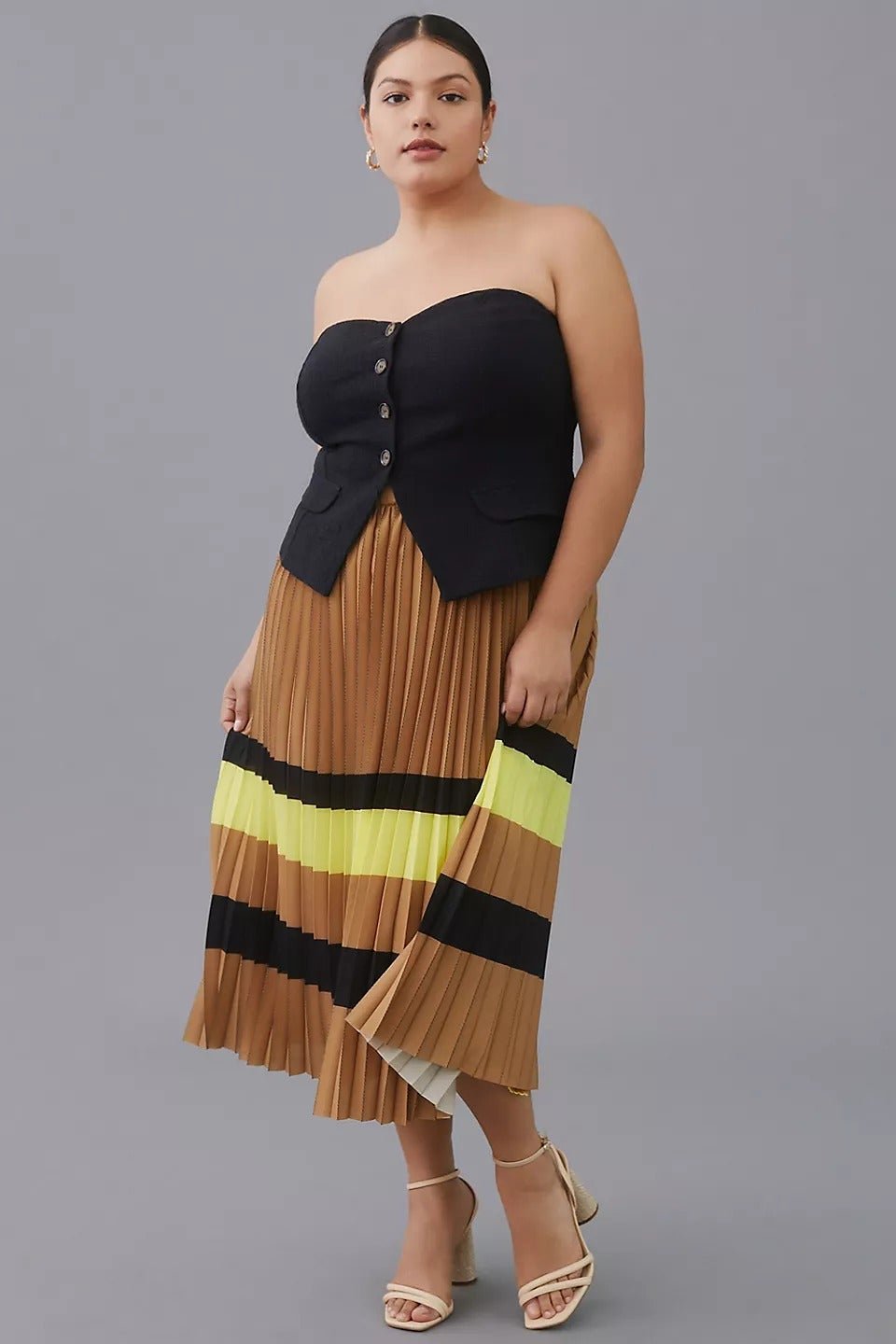 Anthropologie Maeve Womens Plus Size 2X Brown Pleated Stripe Midi Skirt NWT 170