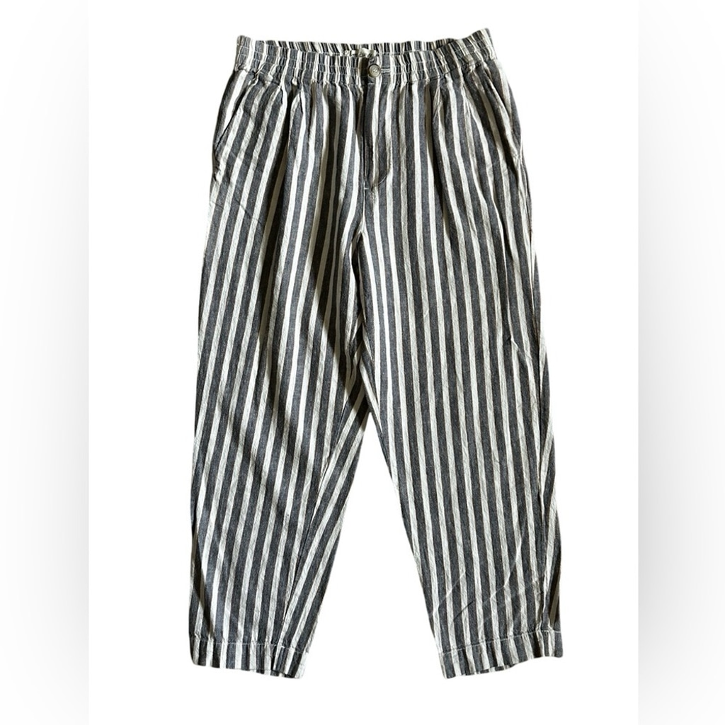 MADEWELL CROPPED Ankle Pant Linen Cotton Cream/Blue Stripe Women Size Small.