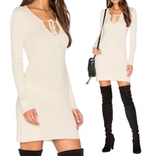 For Love & Lemons Knitz Delancey Mini Sweater Dress Ribbed Tie Neck Cream XS