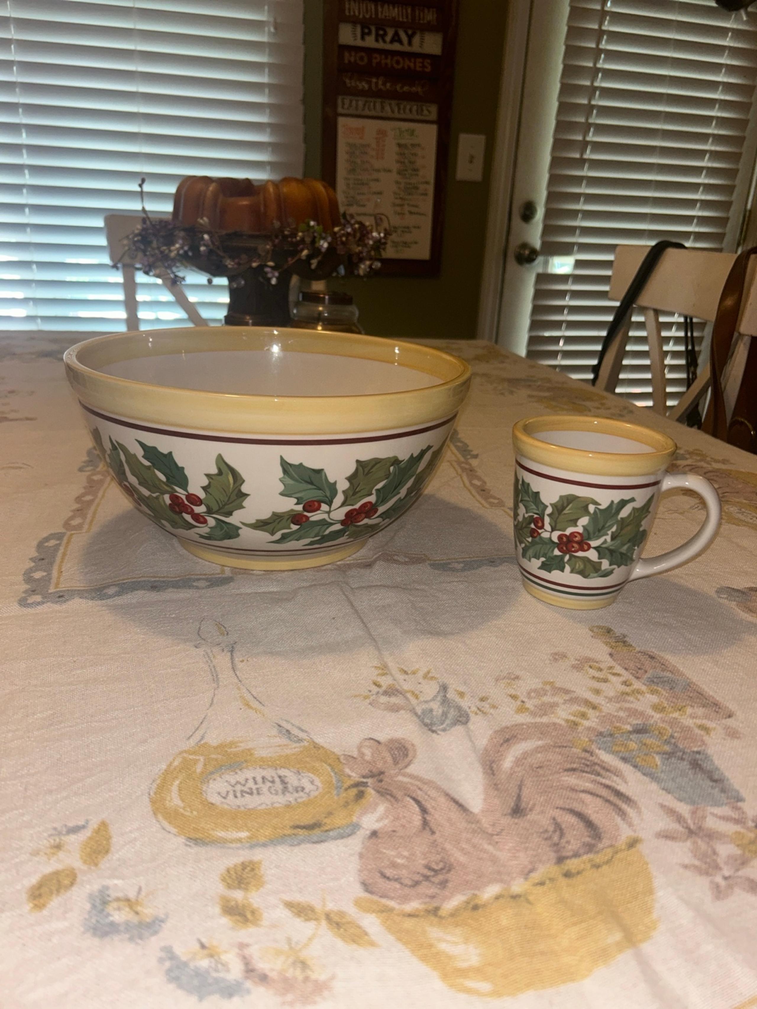 Longaberger Christmas Holly Pottery Large Bowl and Coffee Mug