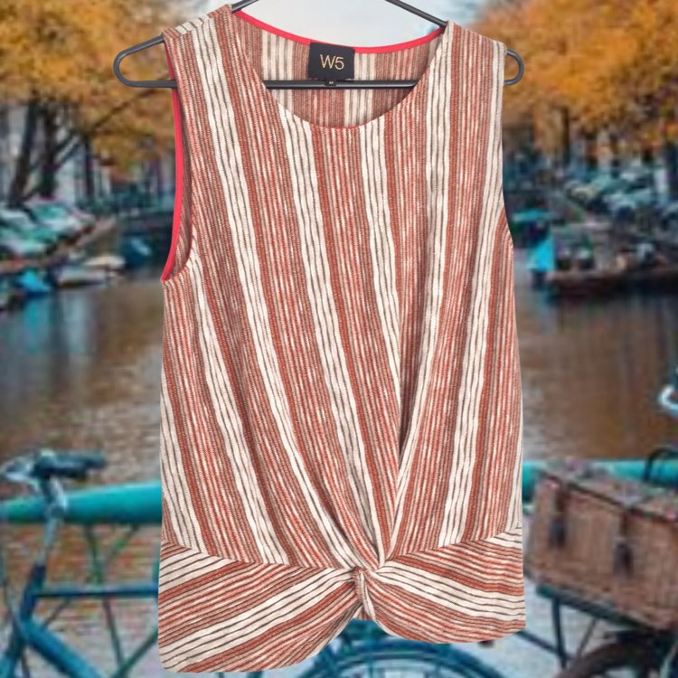 W5 Women’s Vertical Striped Sleeveless Knit Top Knot Hem Fall Colors