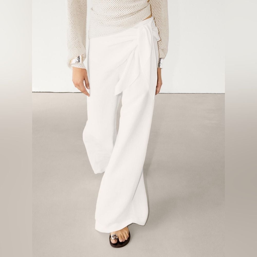 NWT Massimo Dutti White Linen Blend Wide Leg Trousers With Tie Detail Size 10