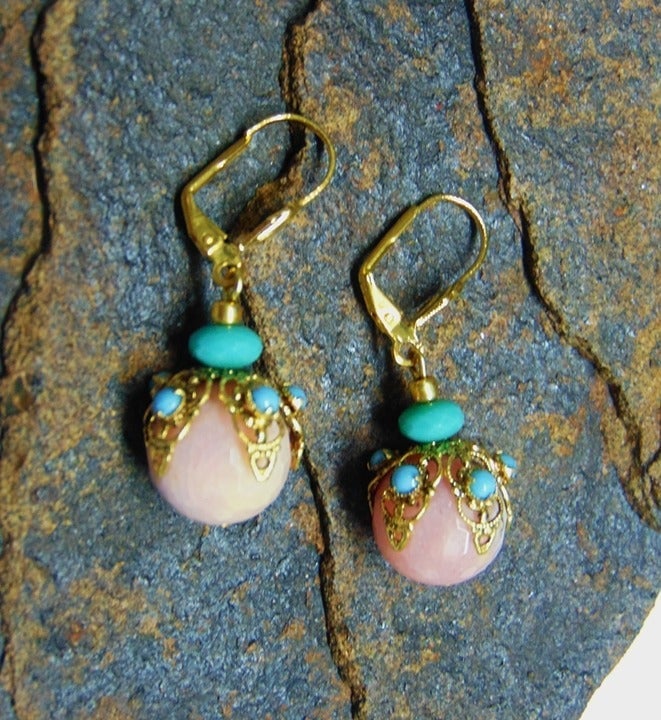 Pink Peruvian Opal Turquoise Egyptian Revival Pierced Earrings BeadRage