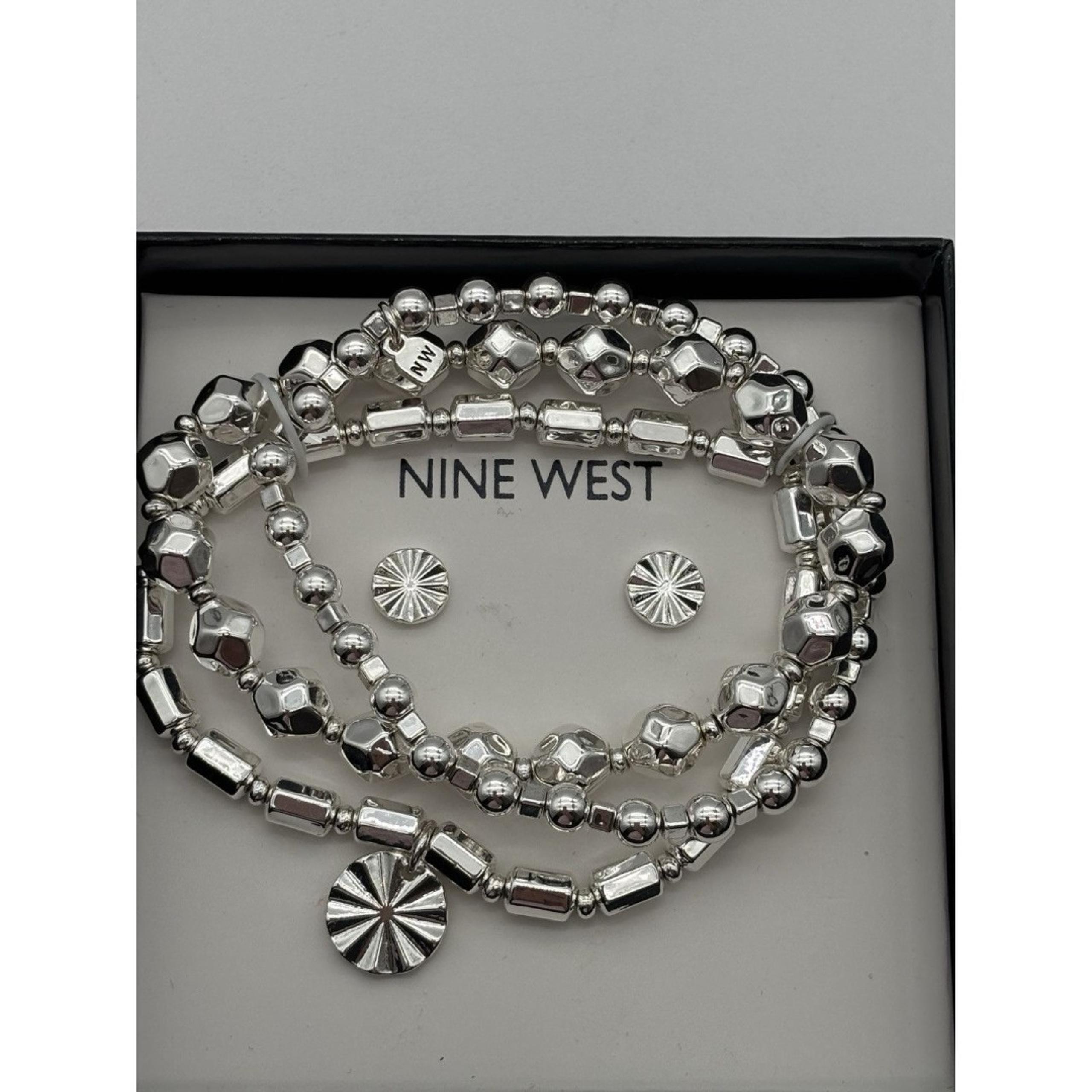 Nine West Silver-Tone Coin Charm Stretch Bracelet and Earrings Set, New