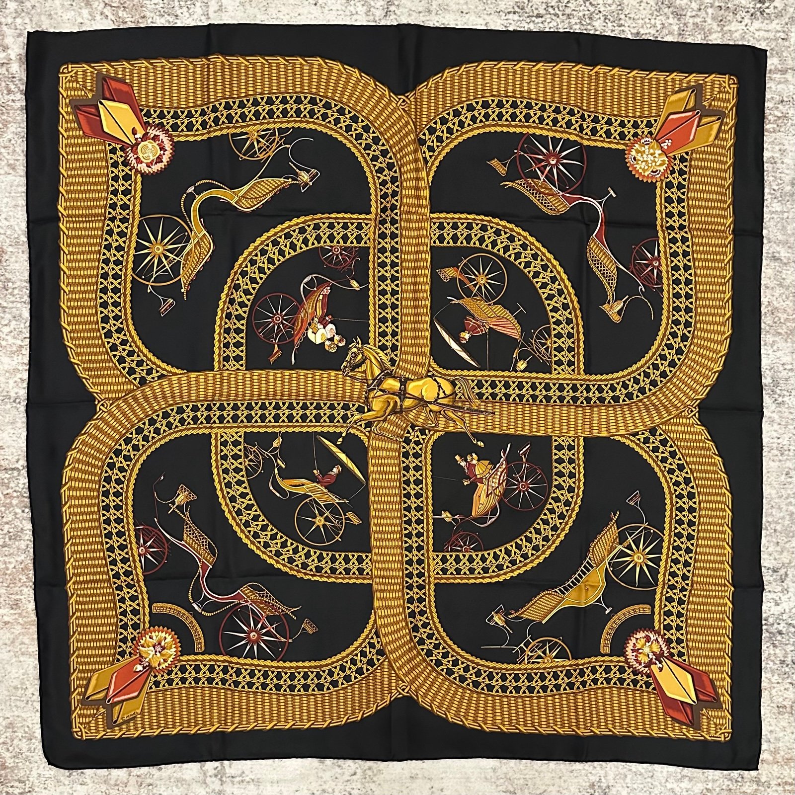 Hermes Black Voitures Paniers by J Abadie Silk Scarf France black gold red 35x35