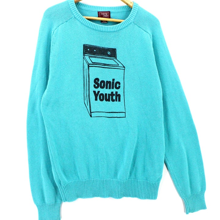 Vintage Cambridge Classics Knit Sweater Mens Blue Pullover Sonic Youth Graphic L