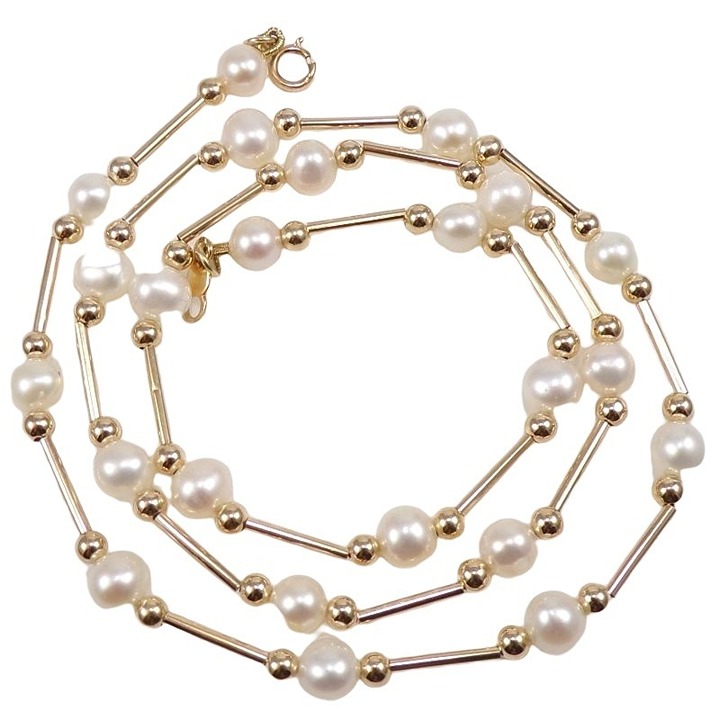 Solid 14K Yellow Gold White Pearl Station Chain Link Necklace 18