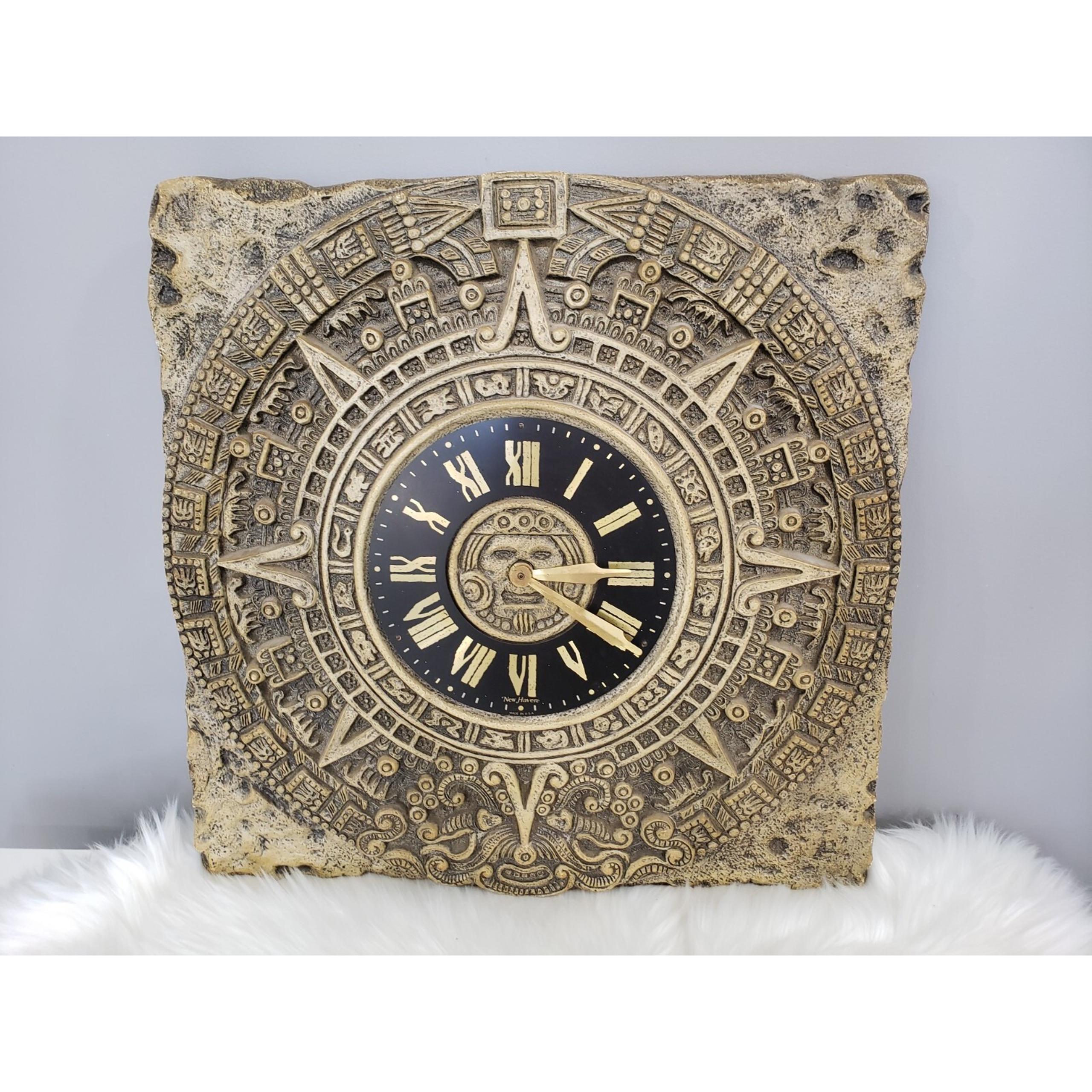 Vintage Mayan Aztec Wall Clock MCM Office New Haven Burwood 1968 Decor Library