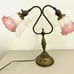 Vintage Brass Dual Gooseneck Desk Table Lamp Double Socket Floral Pink Glass