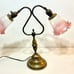 Vintage Brass Dual Gooseneck Desk Table Lamp Double Socket Floral Pink Glass