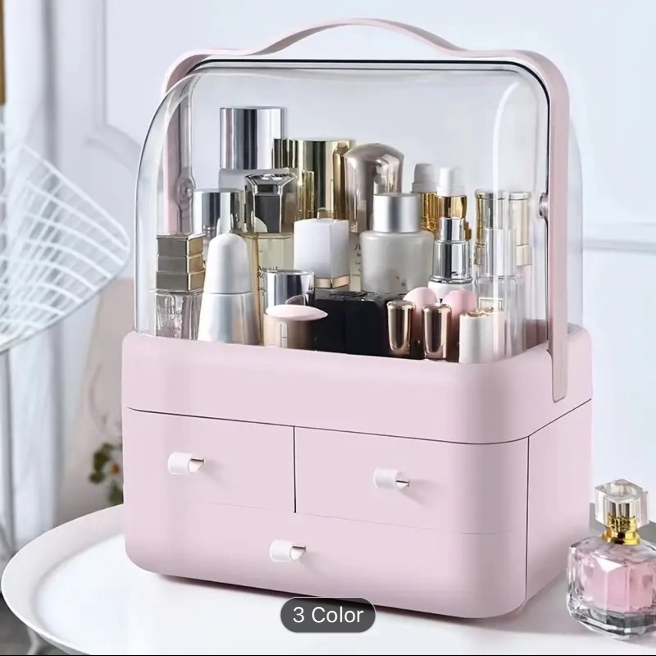Cosmetics Storage Box With Lid & Handle, Waterproof And Dustproof Large Capa