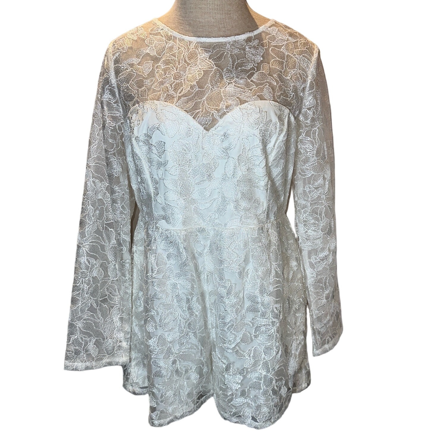 Lulus My Clarity Ivory Mesh Floral Embroidered Romper Size XL