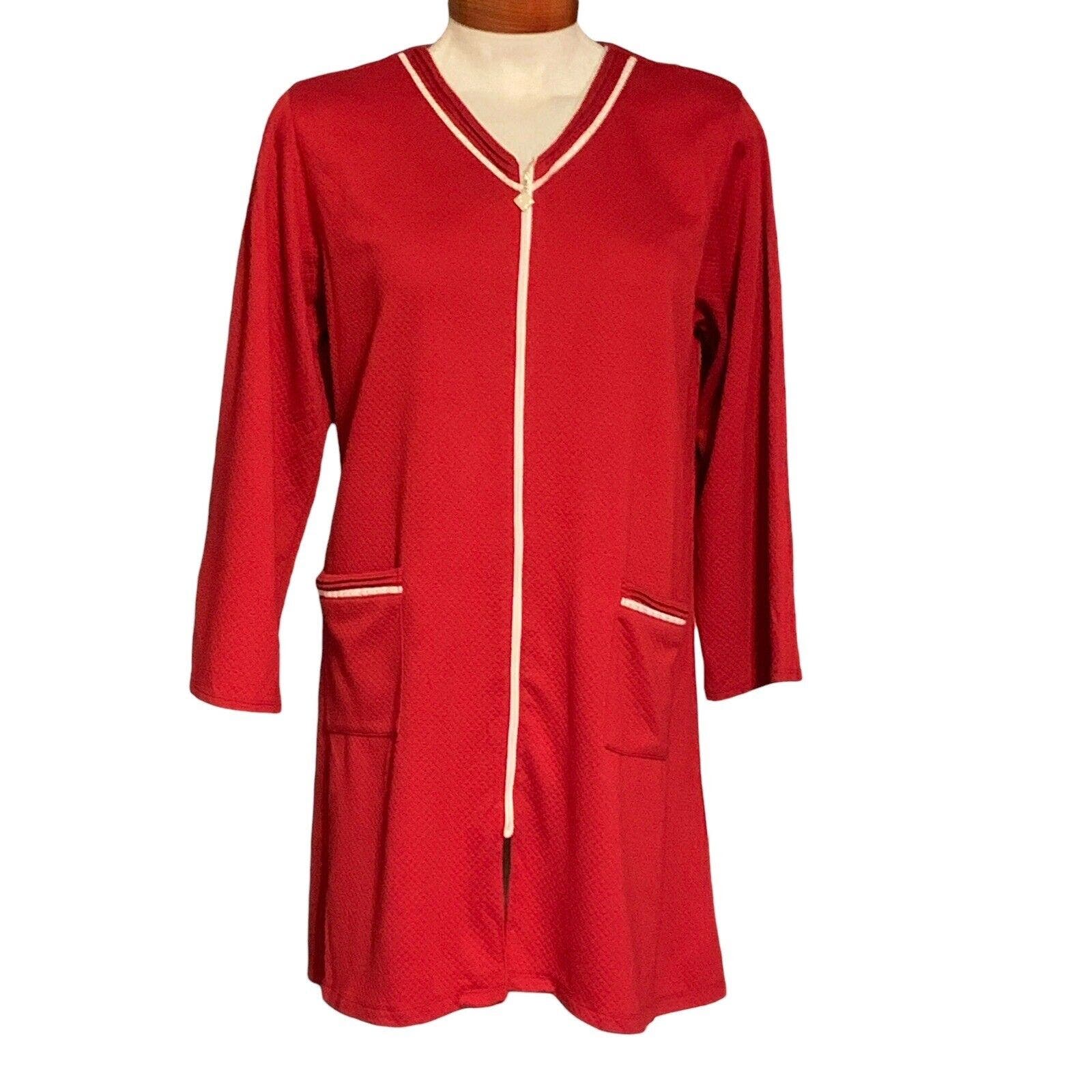 Vintage Eileen West House Coat Robe Lounge Red Zip Up Pockets Cottagecore L / XL