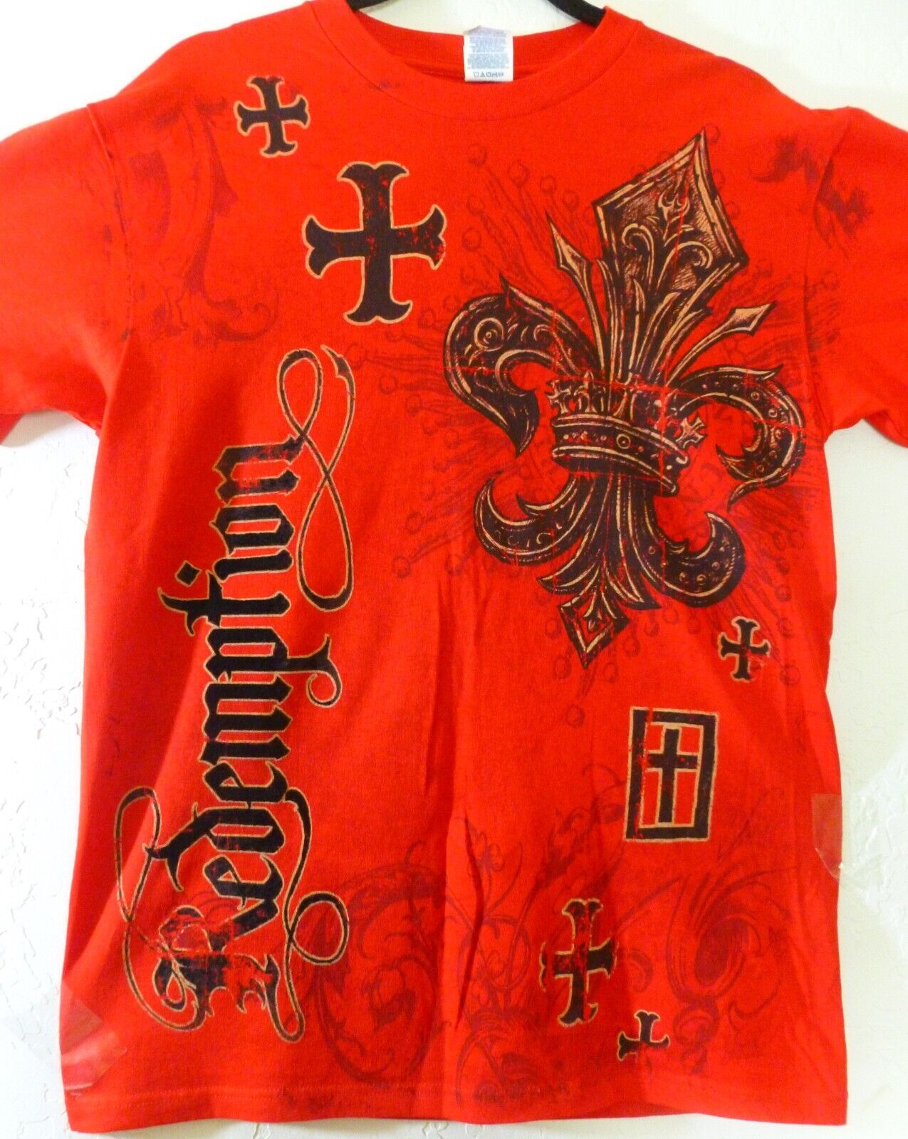 Vintage Redemption Y2K Red T-Shirt Angel Wings & Cross ~ New