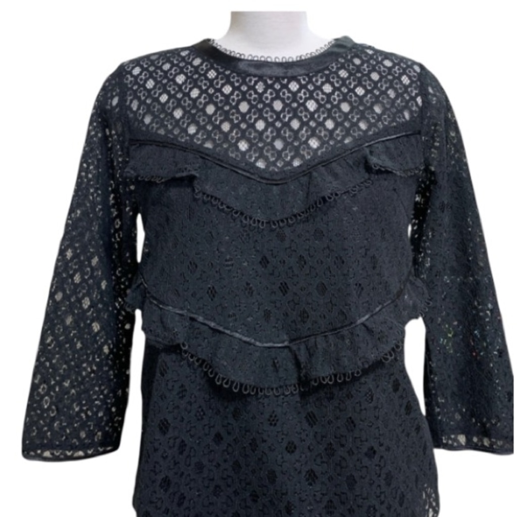 Heartloom Lace 3/4 Sleeve Black Ruffle Detail Top Button Down Back Size Large