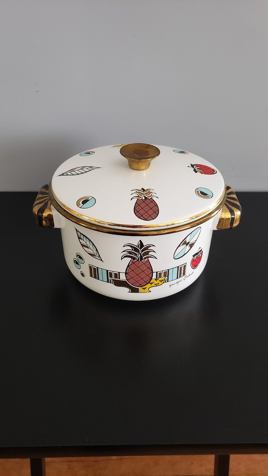Rare MCM Georges Briard Enameled Pot with Lid w Pineapple Ambrosia Print