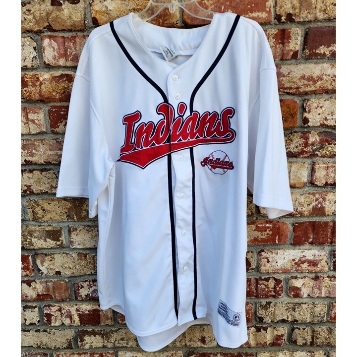 vtg MLB dynasty series 2XL (50-52) patch poly button cleveland indians jersey