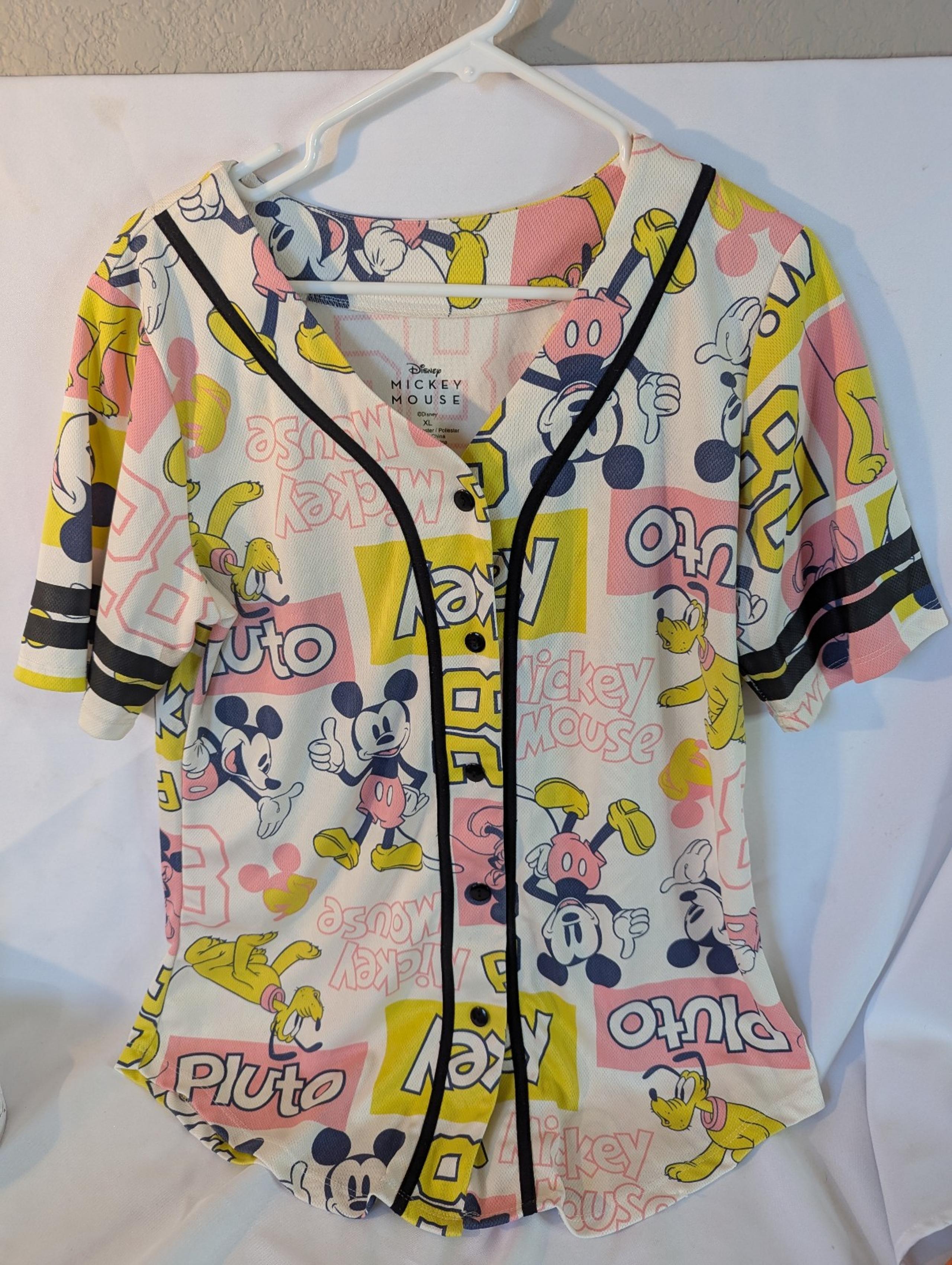 Disney Mickey Mouse Pluto Women's XL Pink Yellow Print Baseball Jersey Buttons