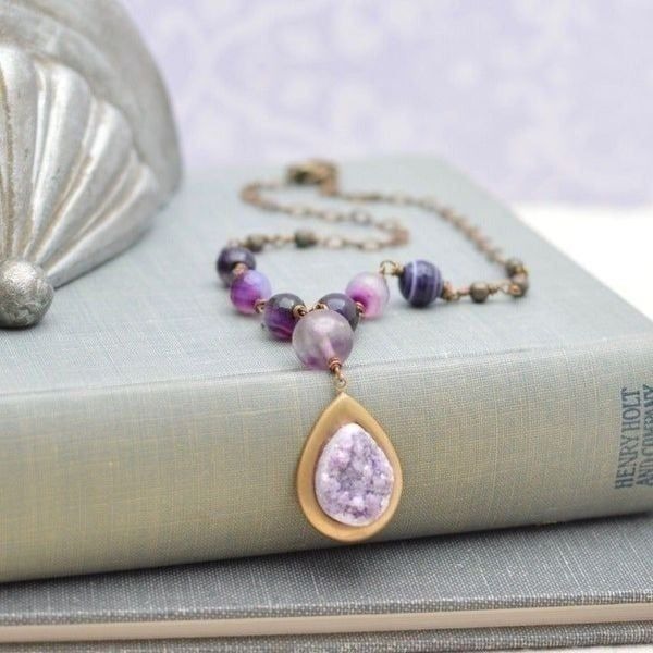 Banded Agate and Amethyst Druzy Necklace