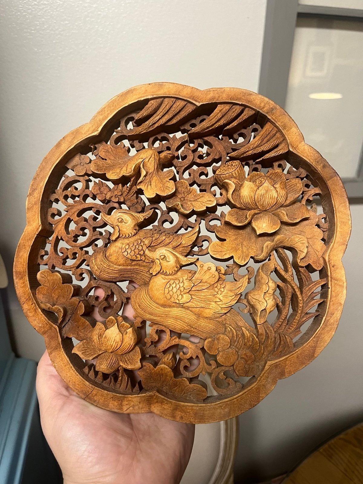 Vintage Chinese Carved Camphor Wood Plaque with Ducks and Lotus Flowers