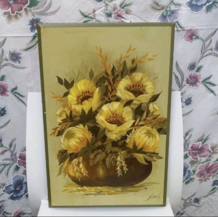 Vintage Original 14 X 21 Hand Painted Floral Oil Painting On Wooden Plaque