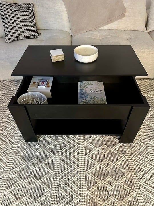 Lift Top Coffee Table with Hidden Compartment and Storage Shelf Wooden New