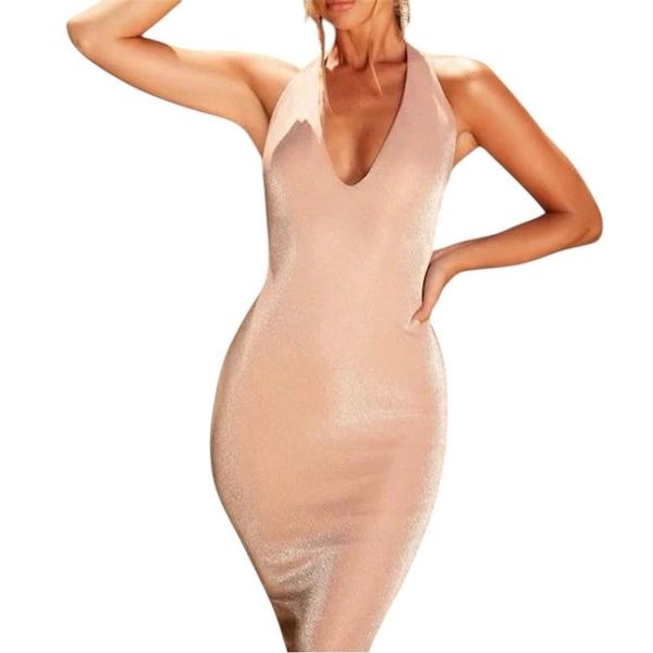 Oh Polly Sunset Dreams Shimmer Halter Midi Dress Plunge Neck Champagne NEW Sz 4