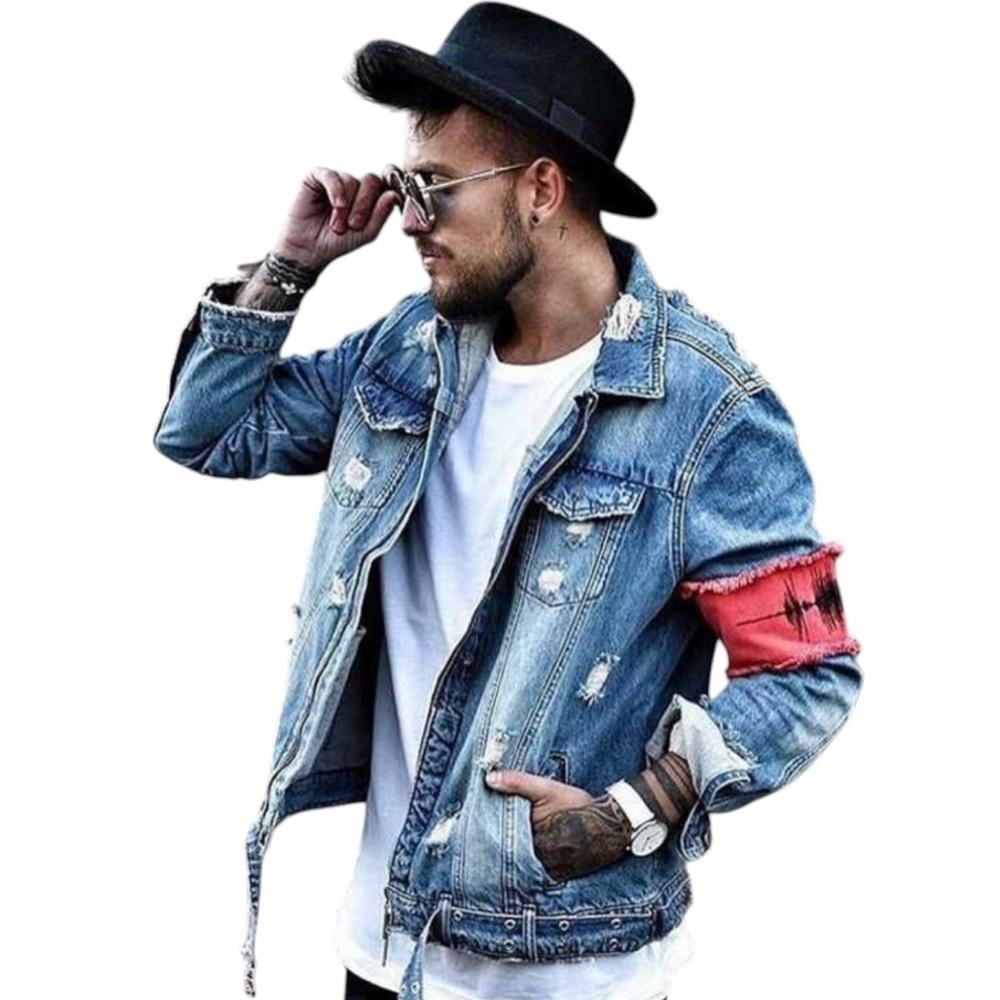 Mens Trucker Denim Jacket Destroyed Bomber Ripped Distressed Size XXL