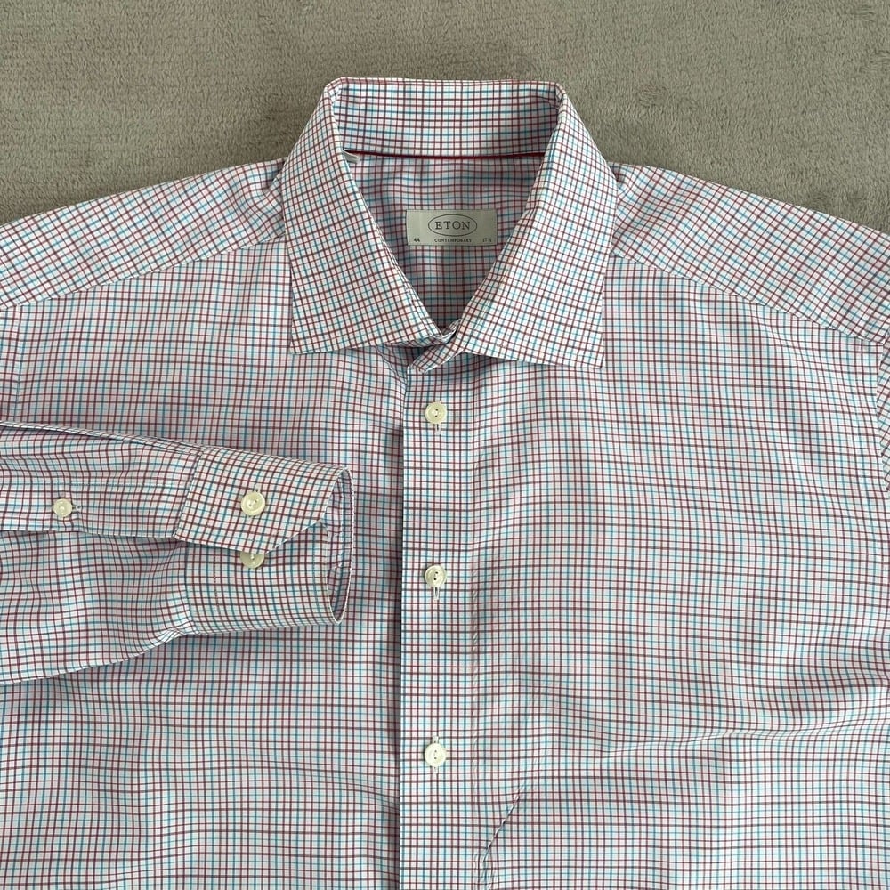 ETON Contemporary Dress Shirt men 44 17.5 Pink Blue Check Long Sleeve Designer
