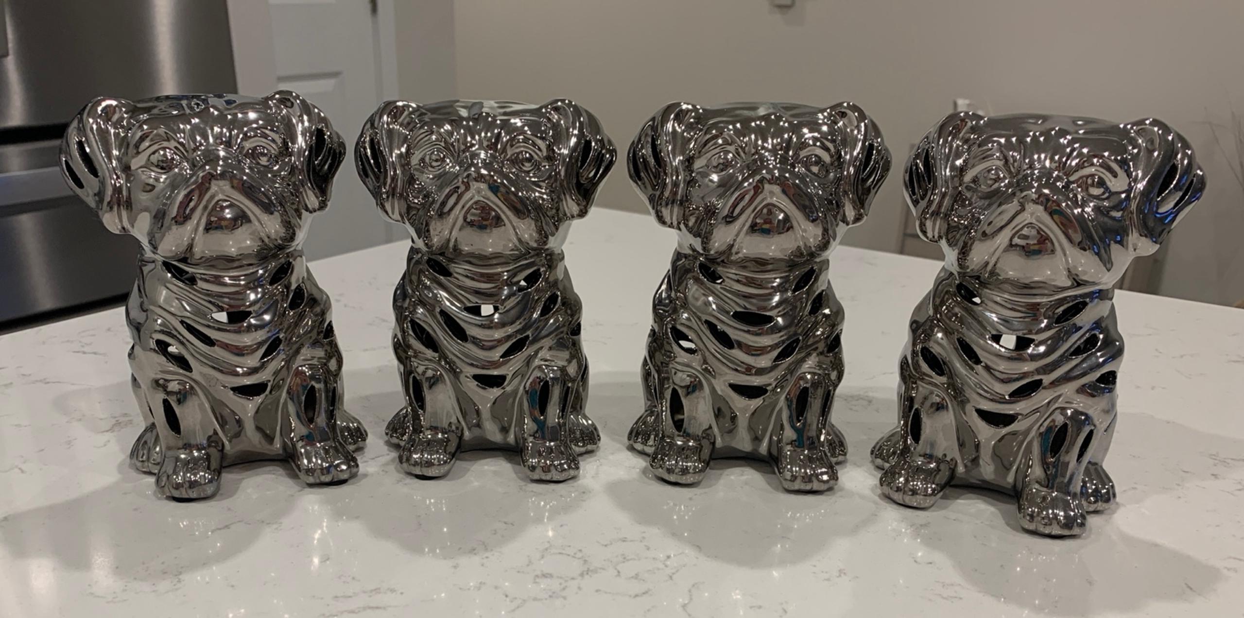 Cute Silver Bulldog Statues / Perfect For Potpourri!