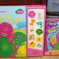 Vintage Barney Hide And Seek Lift And Listen Book with Barney can you sing dvd