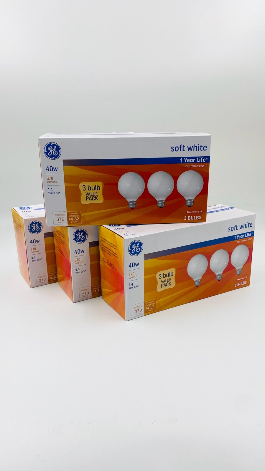 GE 40 Watt Soft White G25 Vanity Globe Light Bulbs (4 Pk, 12 total).