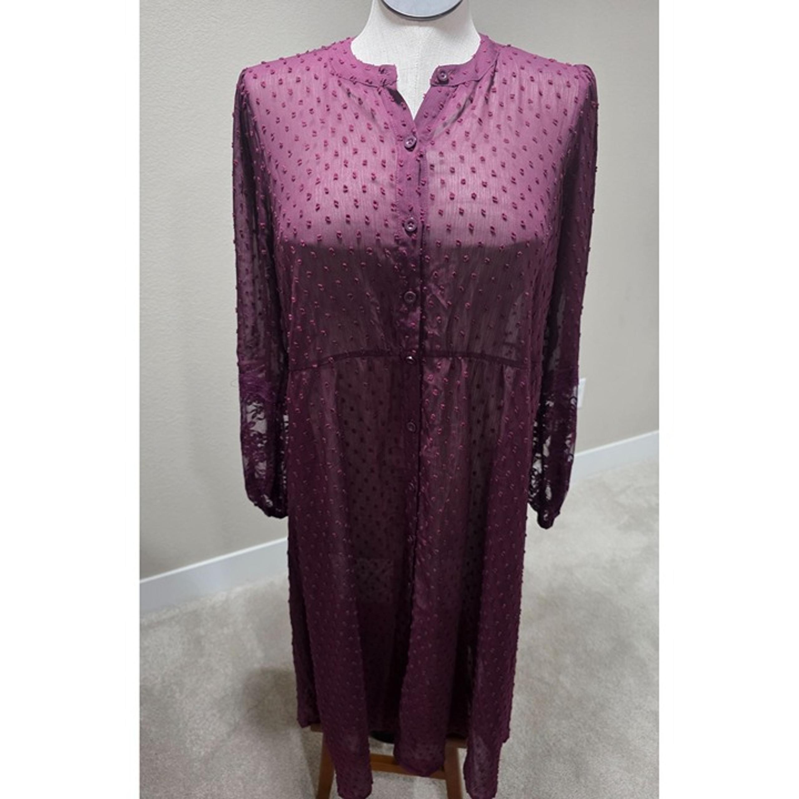 Sheer Plum Button-Front Textured Tunic Dress With Lace Sleeves Women's Plus Size