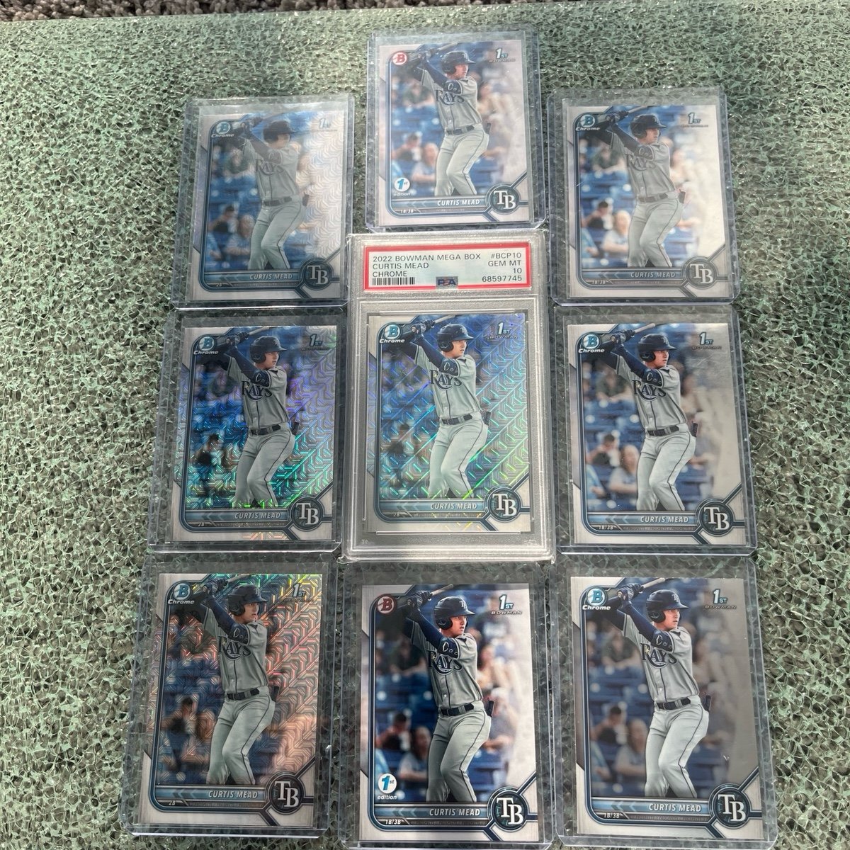 2022 Bowman Chrome Curtis Mead 1st Prospect Mega PSA10 & 8-card RC bonus Rays