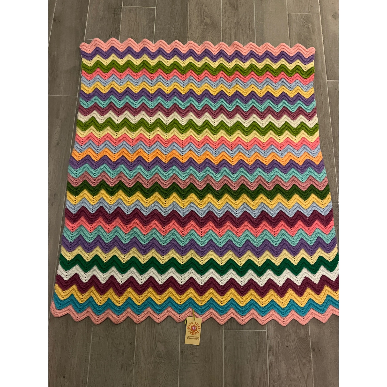 Vintage Handmade Crochet Afghan Bright Colors Chevron Stripes