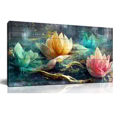 Flower Wall Art for Living Room, Floral Canvas Wall Decor for Bedroom, Teal Vint