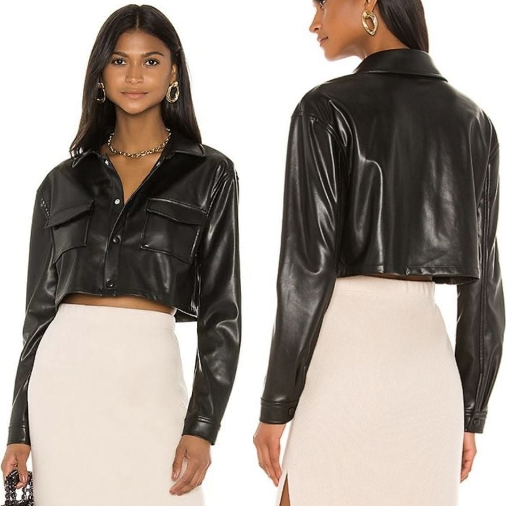 L'academie Size Large Fearless Faux Leather Solid Black Snap Front Shirt Jacket