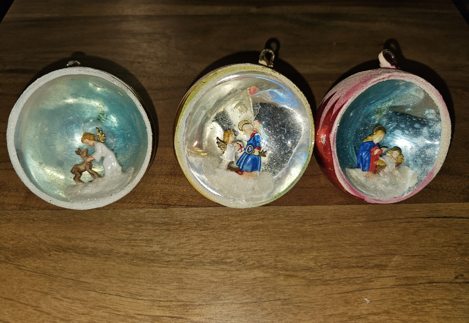 3 VTG Blown Glass Large Diorama Mica BALL Christmas Ornament ANGEL DEER JESUS