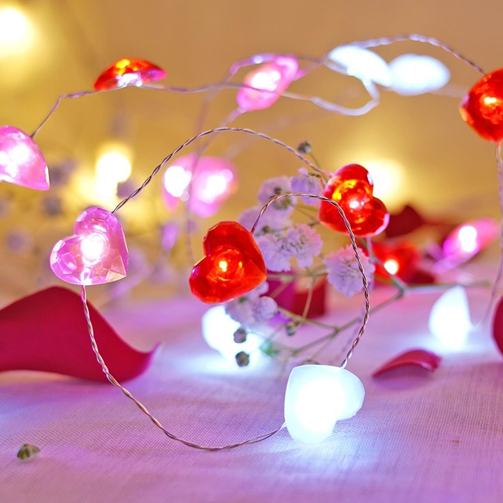 Valentines Day Decor 10 ft 40 LEDs Red White Pink Heart String Lights Battery