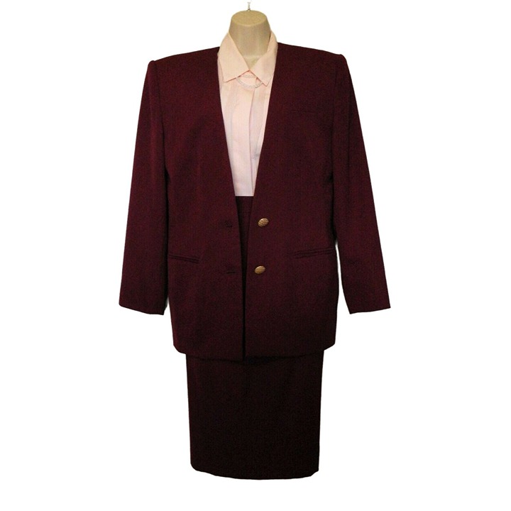 Vintage Jacqueline Ferrar Suit 10 Maroon Jacket Skirt Christie & Jill Pink Shirt
