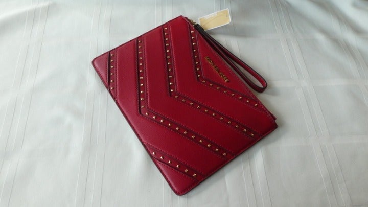 MICHAEL KORS Large Leather Wristlet Clutch Pouch Studs Scarlet Red