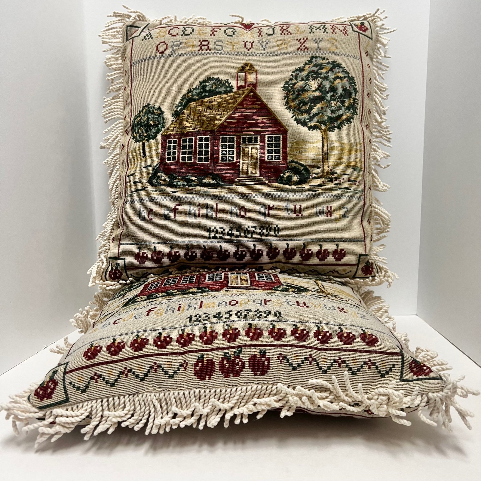 Red School House Sampler w/ Alphabet, Numbers & Apples, Tapestry Throw Pillows 2